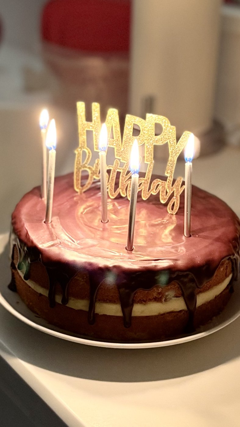 Chocolate birthday cake with candles and a gold birthday topper